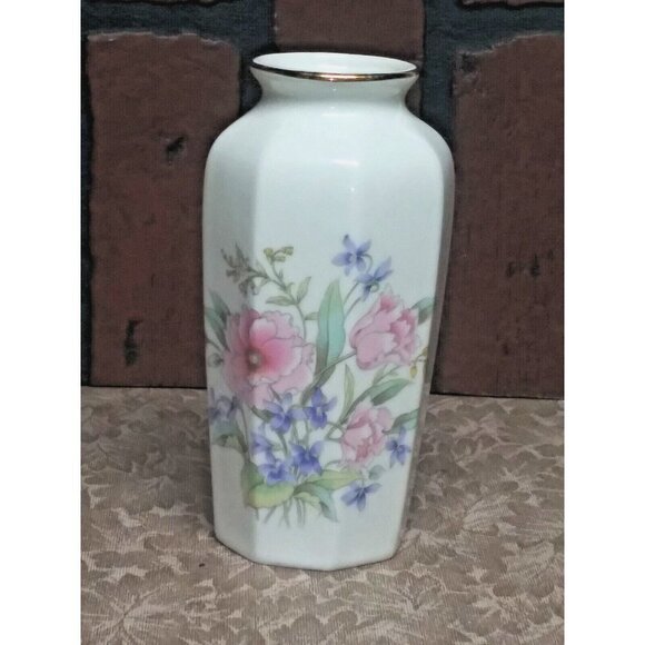 VINTAGE Fine China Bud Vase FLORAL Ivory Pink 6" MADE IN JAPAN Octagon gold trim - Picture 6 of 10